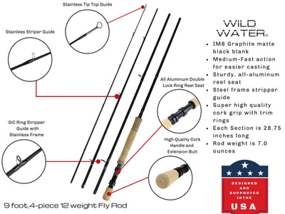 Wild Water Standard Fly Fishing Combo 9 ft, 4-Piece 12 wt Rod